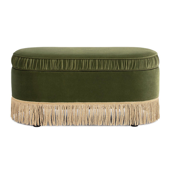 English Elm Jennifer Taylor Home - Serena 38" Oval Storage Bench Ottoman with Velvet Ruched Trim and Fringe Tassels, Spacious Seat Olive Green B2719P238474