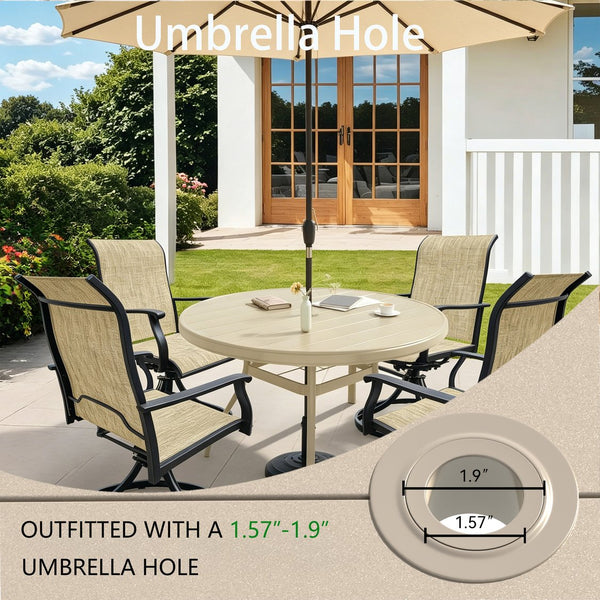 English Elm Outdoor Round Patio Dining Set Seats Four with Swivel Mesh Chairs and Umbrella Table W213S00059