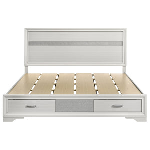 English Elm May 2-Drawer Platform Eastern King Storage Bed with Shimmery Foil Headboard and Rhinestone Pulls craftsmanship and glamour combined for dreamy modern bedroom allure White B062S01087