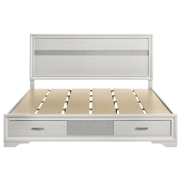 English Elm May 2-Drawer Platform Eastern King Storage Bed with Shimmery Foil Headboard and Rhinestone Pulls craftsmanship and glamour combined for dreamy modern bedroom allure White B062S01087