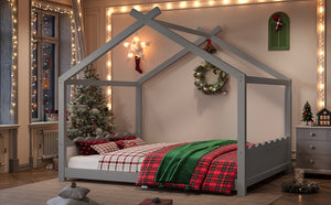 English Elm Queen House Bed Frame Solid Pine Low Profile Montessori Floor Design for Kids Room W1580P387854