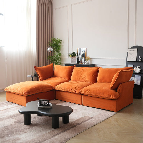 English Elm Sky Cloud Sectional Sofa with Cloud-Like Comfort, Modular L-Shaped Velvet Seating, Removable Covers, Storage Ottoman Orange B341S00020