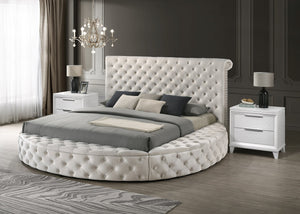 English Elm Unique Round Plush Velvet Button-Tufted Storage Bed Queen with Studded Headboard and 2 Nightstands Set Ivory,White 54.75 L x 79.5 W x 8.25 H B2741S00099