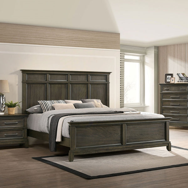English Elm Bedroom Wooden Queen Bed with High Panel Headboard, Gold Trim Accent, Modern Luxury Design Gray 71 L x 38 W x 9 H B2741S00754