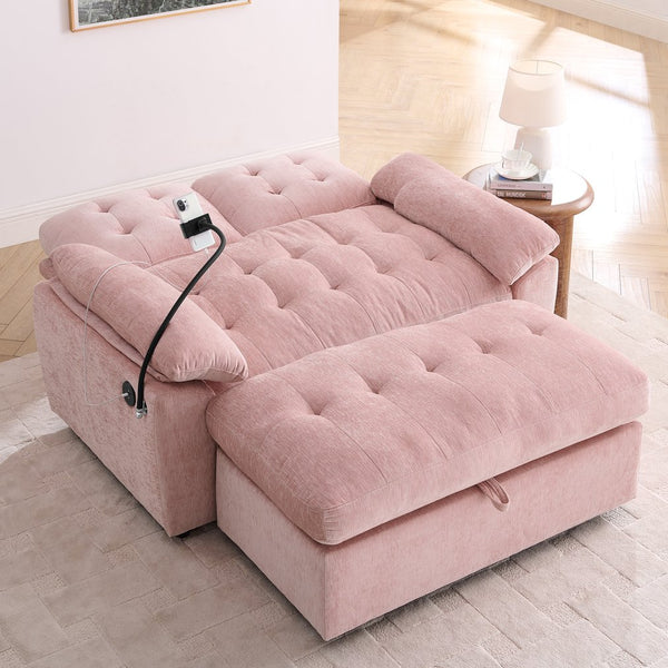 English Elm Leisure Chenille Two Seat Reclining Sofa with Usb Port Storage Ottoman Padded Armrests Pink W487S00519