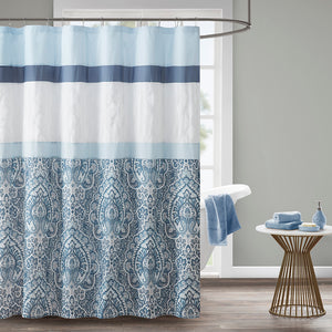 JLA Home 510 Design - Printed Elegant Embroidered Shower Curtain in Serene Blue Microfiber with Attached Lining, Machine Washable 5DS70-0251