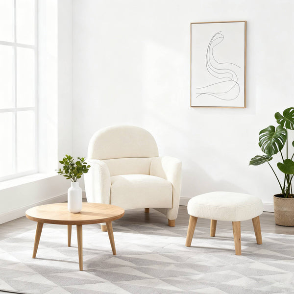 English Elm Modern Upholstered Accent Chair with Ottoman Set for Cozy Reading Nooks and Small Spaces Beige+White W2085P382556