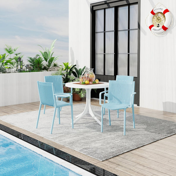 English Elm Summer 5 Piece Stackable Polypropylene Outdoor Dining Set with Round Table for Patios Light Blue,White W3450S00022