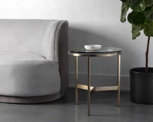 Sunpan Flato End Table - Elegant Tempered Glass Top with Antique Brass Base for Modern Living Spaces
