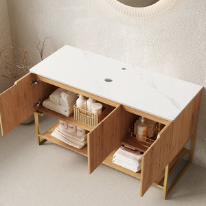English Elm 48" Freestanding Bathroom Vanity Cabinet Sintered Stone Top Woodgrain Finish Open Shelf W2615S00568