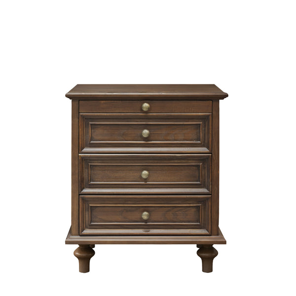 English Elm Farmhouse Nightstand Pine Wood Four Drawer Storage with Pull Out Tray Gourd Legs Walnut Brown W1716P399634