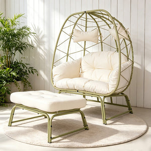 English Elm Double Outdoor Egg Chair with Ottoman Hand Woven Pe Rattan Two Person Patio Lounge T5880P501481