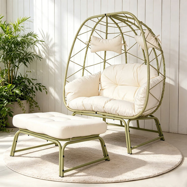 English Elm Double Outdoor Egg Chair with Ottoman Hand Woven Pe Rattan Two Person Patio Lounge T5880P501481