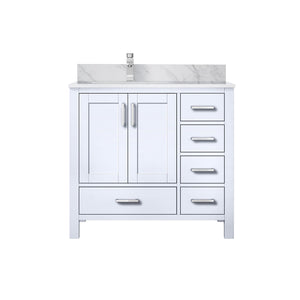English Elm White 36 in Bath Vanity with Left Carrara Marble Top, Soft-Close Drawers, Chrome Faucet Set B2731P259017