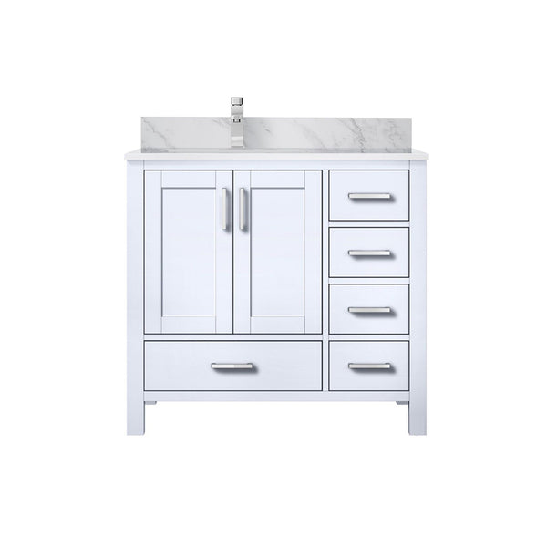 English Elm White 36 in Bath Vanity with Left Carrara Marble Top, Soft-Close Drawers, Chrome Faucet Set B2731P259017