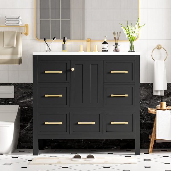 English Elm 36'' Bathroom Vanity with Resin Sink, Solid Wood Frame, 5 Drawers, Soft-Close Doors, Gold Knobs, Spacious Storage Black SW000142AAB-1