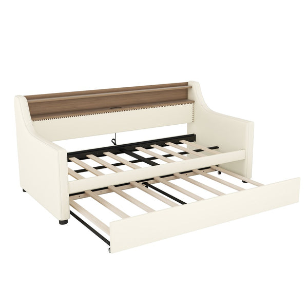 English Elm Twin Size Daybed With Trundle, Modern Upholstered Design Featuring Led Lights & Charging Station W1580S00042-GIGA