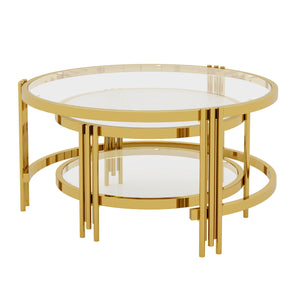 English Elm Modern Nesting Coffee Table Set Textured Tempered Glass Gold Tripod Base Living Room N735P354005A