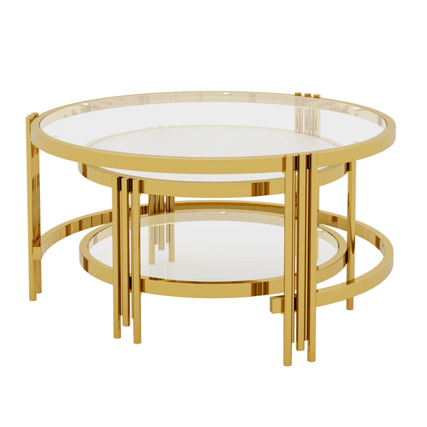 English Elm Modern Nesting Coffee Table Set Textured Tempered Glass Gold Tripod Base Living Room N735P354005A