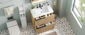 English Elm Christopher Knight Home® - 30" Bathroom Vanity With Ceramic Sink, Soft-Close Drawers & Fluted Natural Finish For Elegant Style N817P295760N