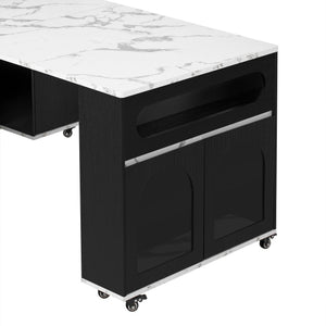 English Elm Trexm Rolling Kitchen Island Extendable Marble Top Cabinet Drawers Power Outlet Black,White Marble XW000029AAB