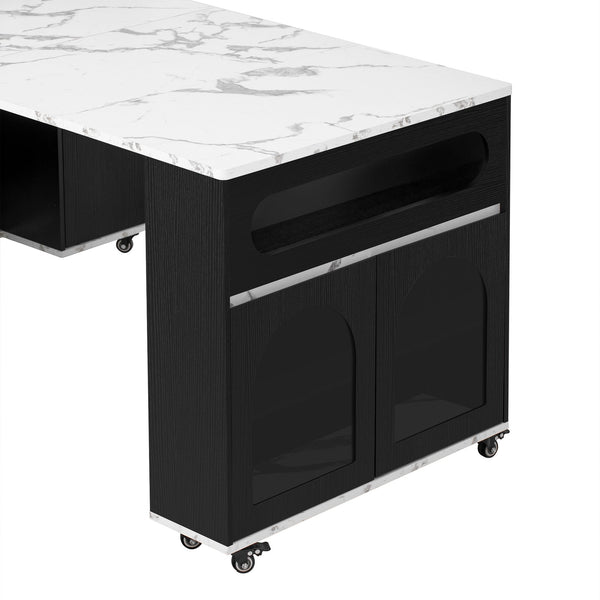 English Elm Trexm Rolling Kitchen Island Extendable Marble Top Cabinet Drawers Power Outlet Black,White Marble XW000029AAB
