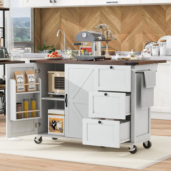 English Elm K&K 54.5" Farmhouse Kitchen Island with Drop Leaf, Built-In Power Station, Rolling Storage Cart White N707P170349W