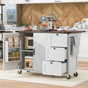 English Elm K&K 54.5" Farmhouse Kitchen Island With Power Outlet, Kitchen Storage Island With Internal Storage Rack, Drop Leaf, Spice Rack, Rolling Kitchen Cart On Wheels, For Home, Kitchen and Dining Room,White