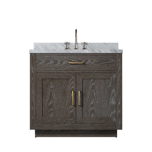 English Elm Brown Oak Single Bath Vanity With Carrara Marble Top & Chrome Faucet Set - Elegant & Functional Upgrade B2731P257674