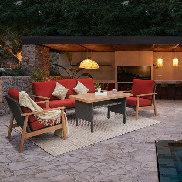 English Elm Outdoor Wicker Patio Furniture Set - 4-Piece All-Weather Sofa With Cushions & Pillows For Garden Use W1859S00088-GIGA