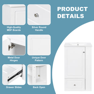 English Elm 20" Freestanding Bathroom Vanity Mdf Cabinet Ceramic Sink Open Shelves Powder Room White N725P364210K