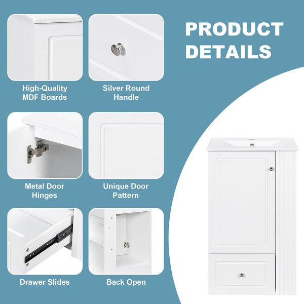 English Elm 20" Freestanding Bathroom Vanity Mdf Cabinet Ceramic Sink Open Shelves Powder Room White N725P364210K