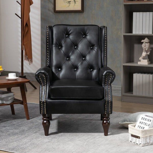 English Elm Wood Solid Frame Armchair Modern Accent Lounge Chair with Padded Foam Seat and Sturdy Rubberwood Legs Black PU W395109979