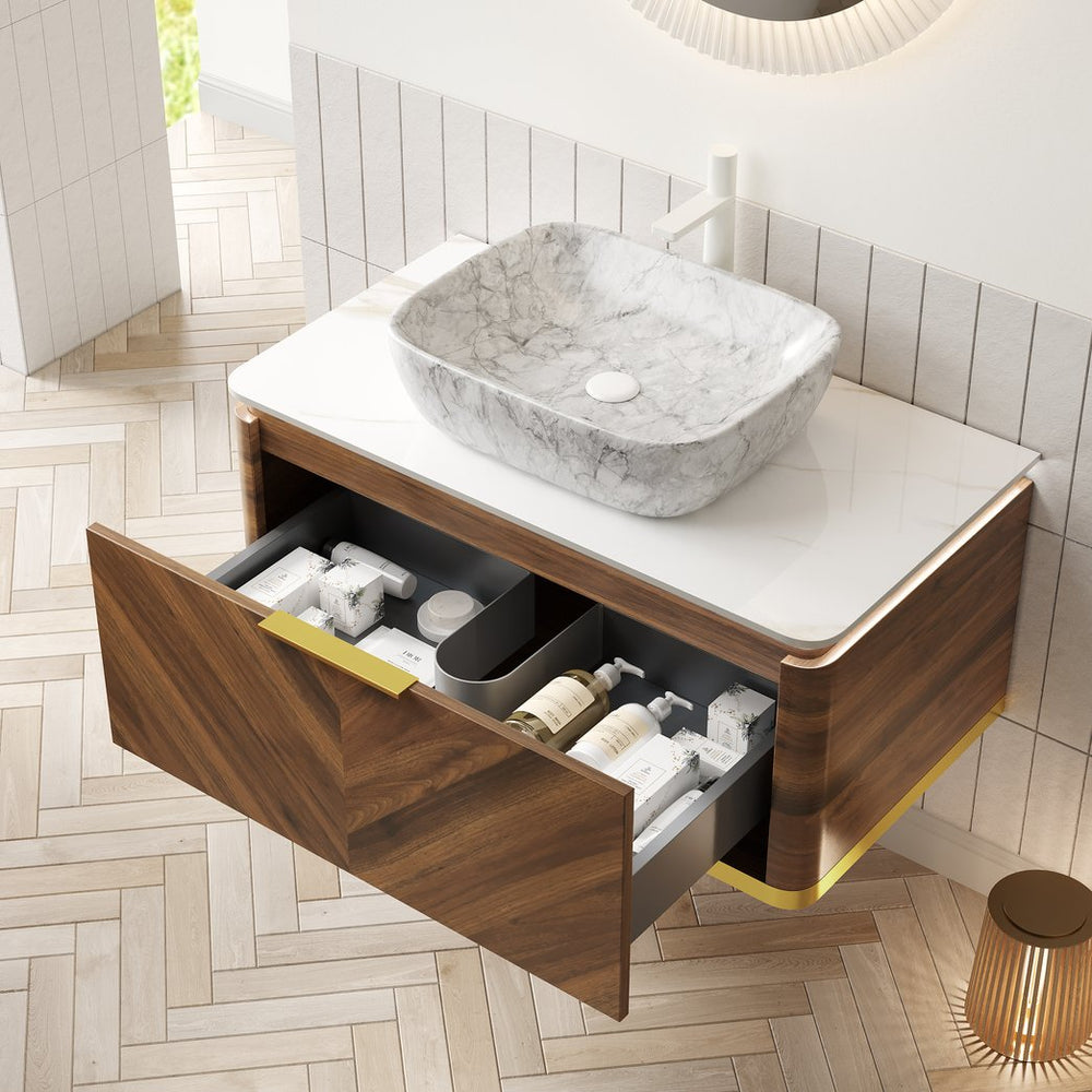 English Elm Dipa 36" Floating Bathroom Vanity & Sink With Marble Basin, Led Light, Dark Walnut Storage Cabinet W2615S00297