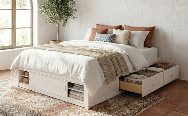 English Elm Queen Platform Bed with Four Storage Drawers Footboard Cubby Modern Low Profile Frame White LP000138AAK