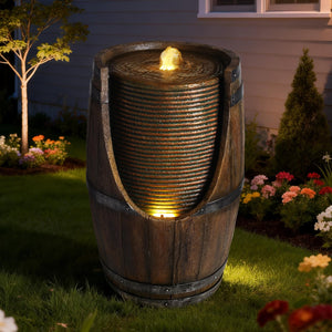 English Elm Outdoor Rustic Barrel Resin Fountain with Led Lights Farmhouse Waterfall Patio Decor Brown Gray W5397P454560