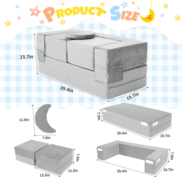 English Elm 5-piece Modular Foam Play Couch Velvet Toddler Sofa Foldable Kids Playroom Set Light Gray T5880P493434