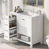 English Elm 36" Bathroom Vanity With Sink Top, Bathroom Vanity Cabinet With Two Doors and Two Drawers, Solid Wood, Open Shelf, Mdf Boards, One Package, White