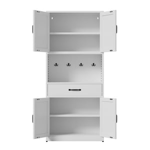 English Elm 71 Inch Steel Kitchen Pantry Cabinet with Adjustable Shelves Drawer and Hooks Modern White T2398P413028
