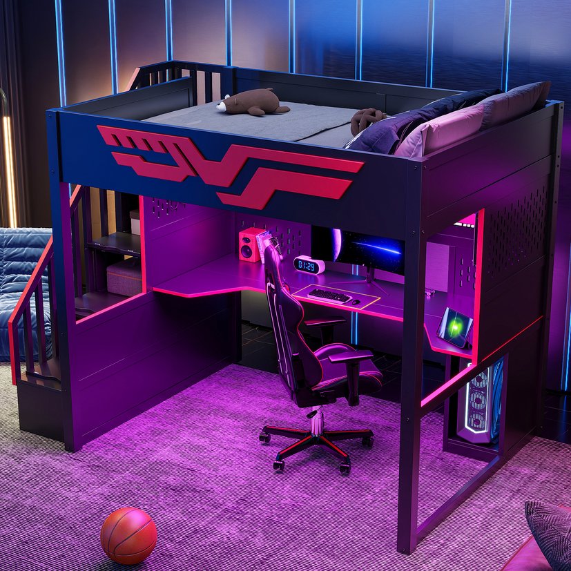 English Elm Gaming Full Loft Bed with Workstation Storage Staircase Led Lights and Usb Port N7090004031B