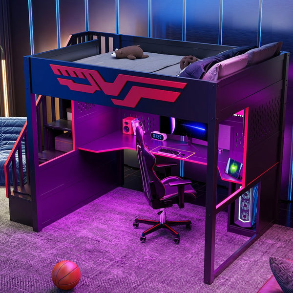 English Elm Gaming Full Loft Bed with Workstation Storage Staircase Led Lights and Usb Port N7090004031B