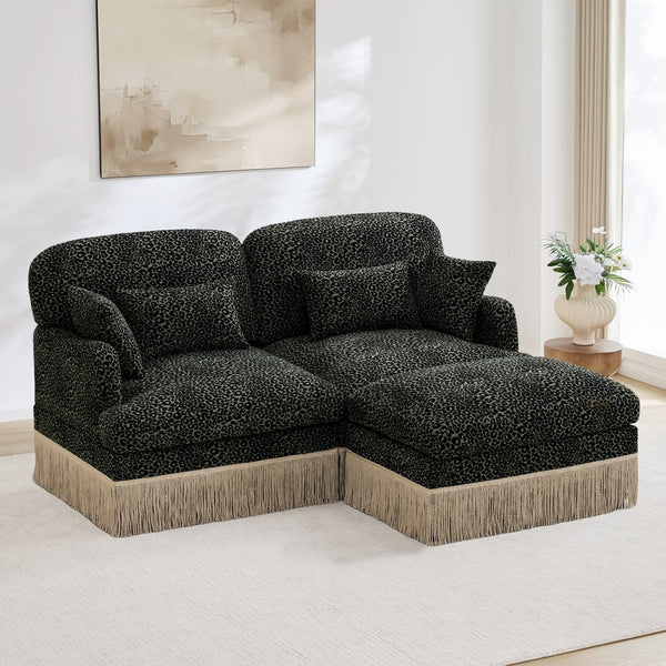 English Elm Comfy Chenille Leopard Print Loveseat with Tassel Trim Movable Ottoman Living Room Green W5656S00029