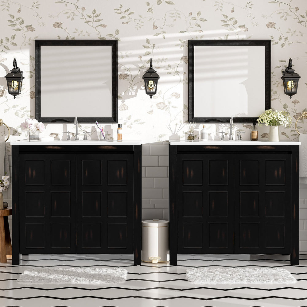 English Elm Modern 48 Inch Freestanding Bathroom Vanity Dual Ceramic Sinks Soft Close Gold Handles N729P000004P