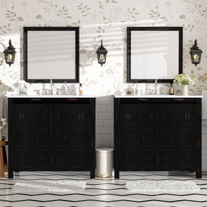 English Elm Modern 48 Inch Freestanding Bathroom Vanity Dual Ceramic Sinks Soft Close Gold Handles N729P000004P