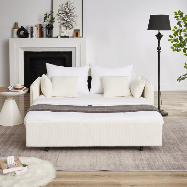 English Elm FX'' 66 Inch Sleeper Sofa Bed 3-in-1 Convertible Pullout Sofa with Plush Corduroy, 4 Pillows, Pockets Beige W1926S00058