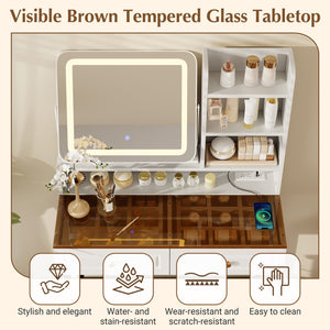 English Elm Makeup Vanity Set with Rotating Led Mirror Amber Glass Top Drawers and Charging Station N704P385441K