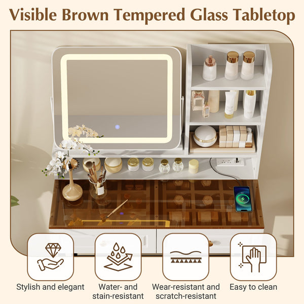 English Elm Makeup Vanity Set with Rotating Led Mirror Amber Glass Top Drawers and Charging Station N704P385441K