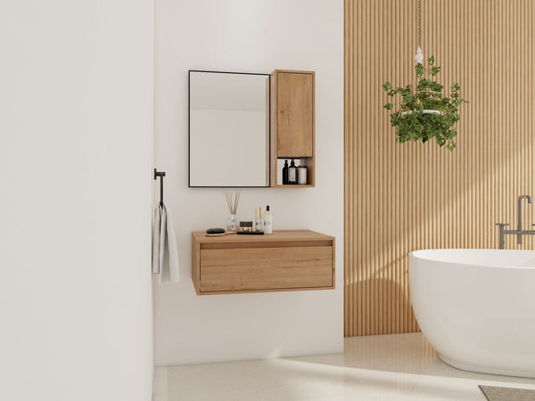 English Elm 30'' Wall Mounted Mirror Cabinet Black Aluminum Frame Soft Close Bathroom Storage W999S00539