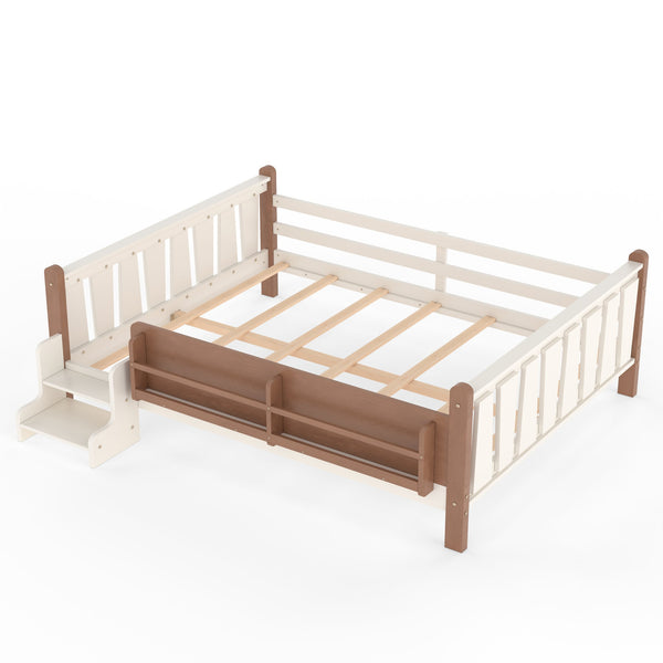 English Elm Queen Bunk Bed with Trundle Solid Pine Kids Car Themed Frame Built-in Bookshelf Beige+Natural W1580S00536