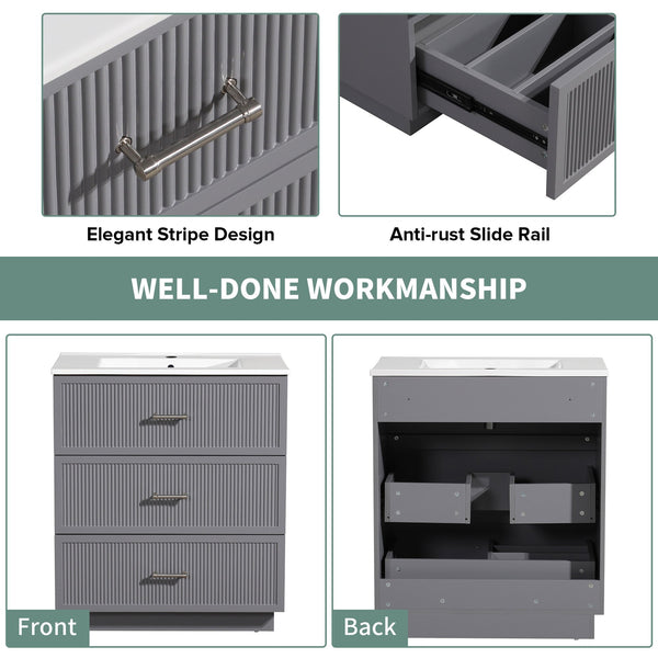 English Elm 30 Inch Bathroom Vanity With Ceramic Sink Combo - Modern Gray Freestanding Storage Cabinet Set W1550S00046